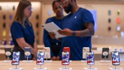 iPhones on display at the new Apple Inc. store, due to open to the public on Thursday, in the Knightsbridge district of London, UK, on Tuesday, July 26, 2022.