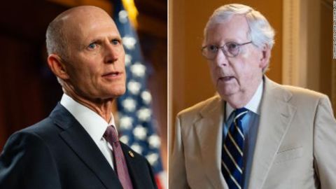 At left, Sen. Rick Scott of Florida, and, at right, Sen. Mitch McConnell of Kentucky. Both men have GOP leadership positions in the US Senate. 