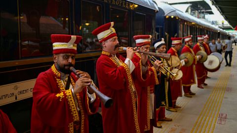 The Venice Simplon-Orient-Express is greeted by the Turkish Mehter band (Ottoman Janissary Band) on Wednesday as it arrives in Istanbul, completing its annual voyage along a mythical route that takes it across Europe from Paris. 