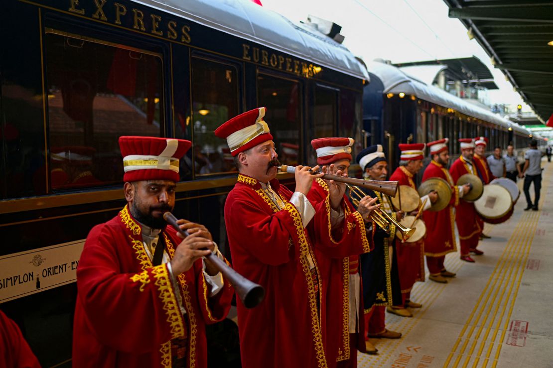The Venice Simplon-Orient-Express is greeted by the Turkish Mehter band (Ottoman Janissary Band) on Wednesday as it arrives in Istanbul, completing its annual voyage along a mythical route that takes it across Europe from Paris. 
