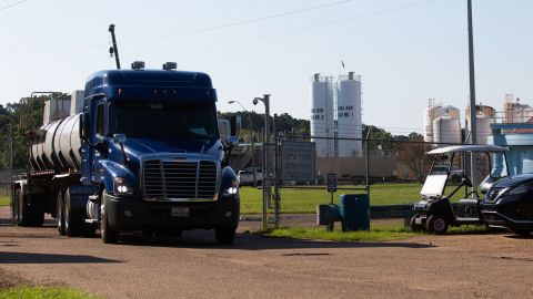 A tanker leaves O.B. Curtis Water Plant in Jackson, Mississippi, on August 31.