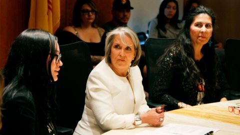 New Mexico Gov. Michelle Lujan Grisham announced an executive order aimed at ensuring safe harbor to people seeking abortions or providing abortions at health care facilities within the state at a news conference in Santa Fe, New Mexico, on June 27, 2022. 