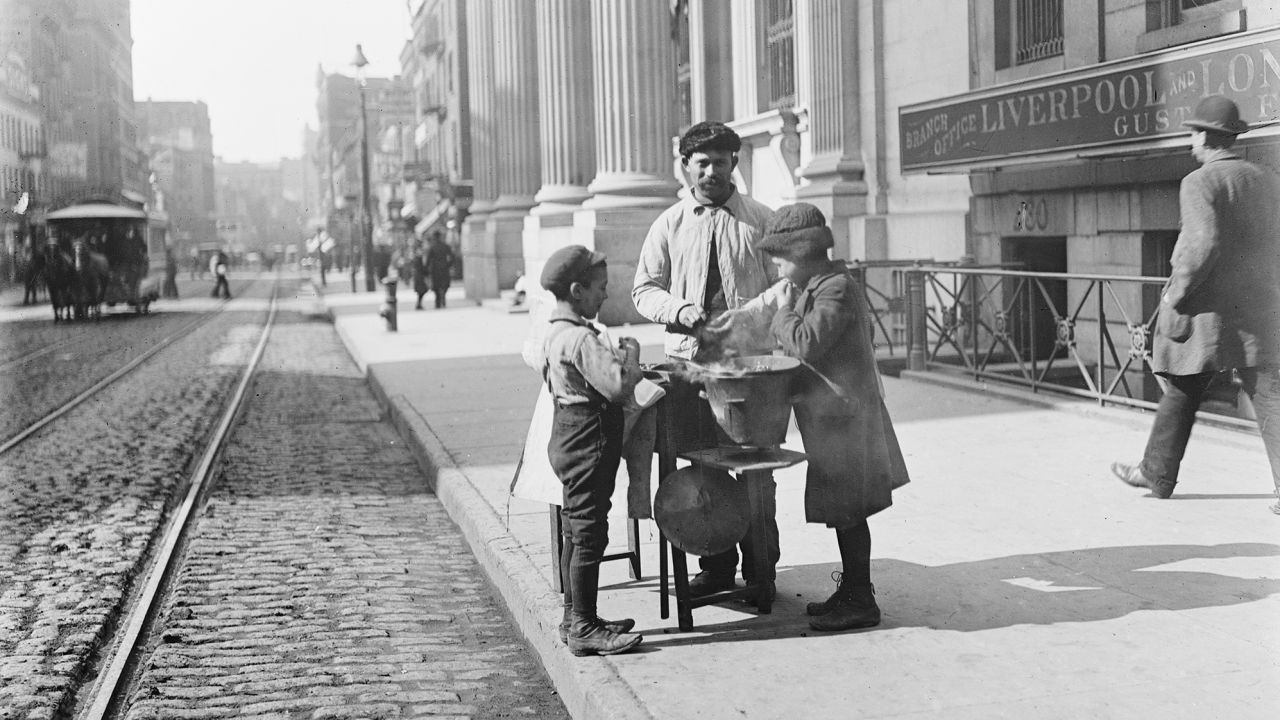 A peanut stand on West 42nd Street in New York City, circa 1905.