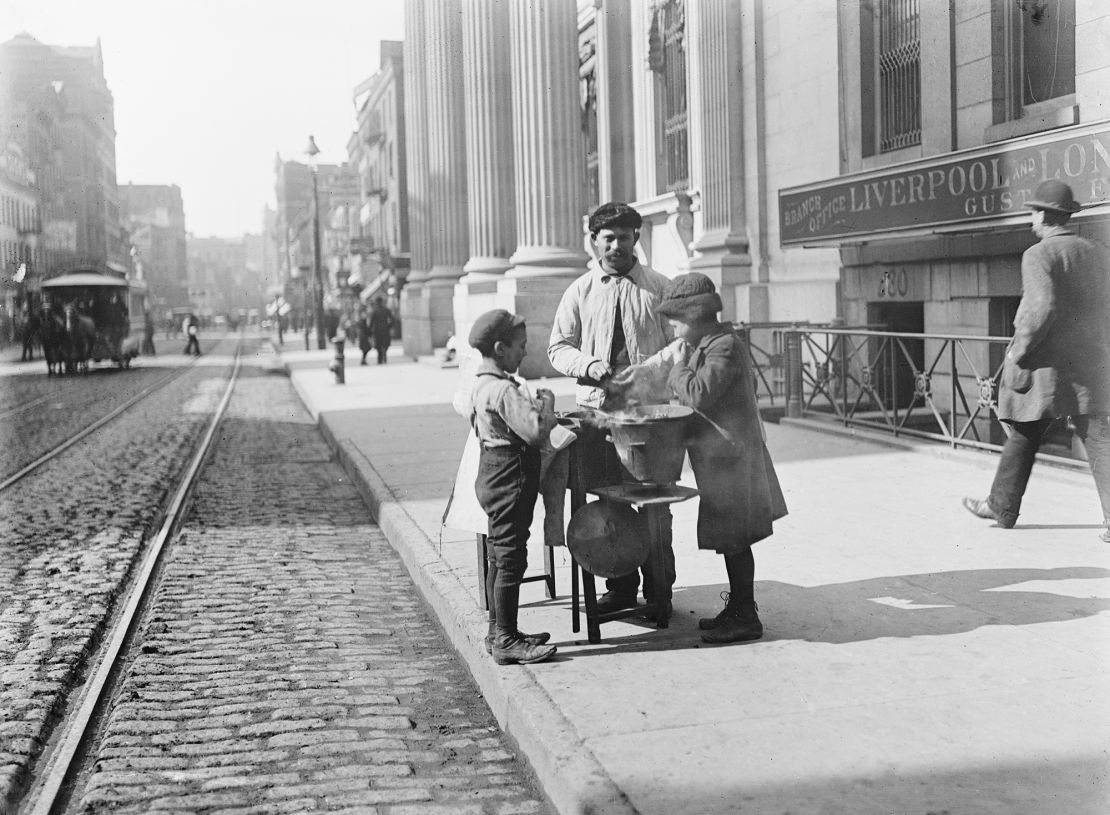 A peanut stand on West 42nd Street in New York City, circa 1905.