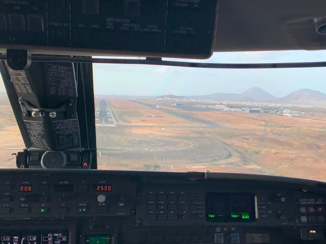 View from the NOAA hurricane hunter aircraft cockpit after landing back at Sal, Cape Verde after their mission.