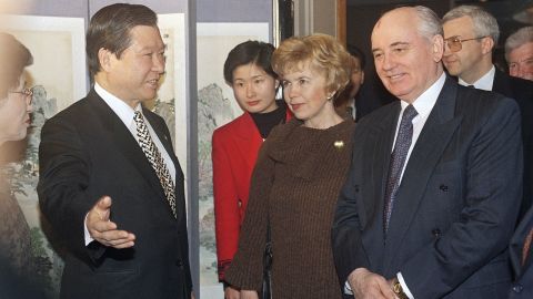 Former Soviet President Mikhail Gorbachev and his wife Raisa Gorbachev meeting former opposition leader Kim Dae-Jung, left, in Seoul on Feb. 6, 1995. 
