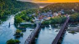 A sunset view from Maryland Heights, overlooking Harpers Ferry, West Virginia.