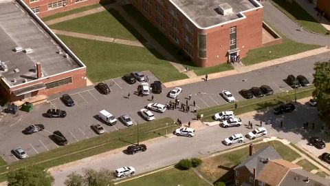 The scene outside Mergenthaler Vocational Technical High School in Baltimore, Maryland, after police arrived on Friday, September 2, 2022.