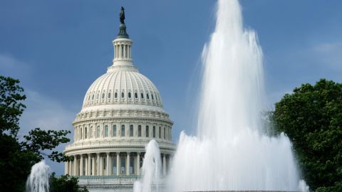 The dome of the U.S. Capitol is seen beyond a fountain in Washington, August 12, 2022. 