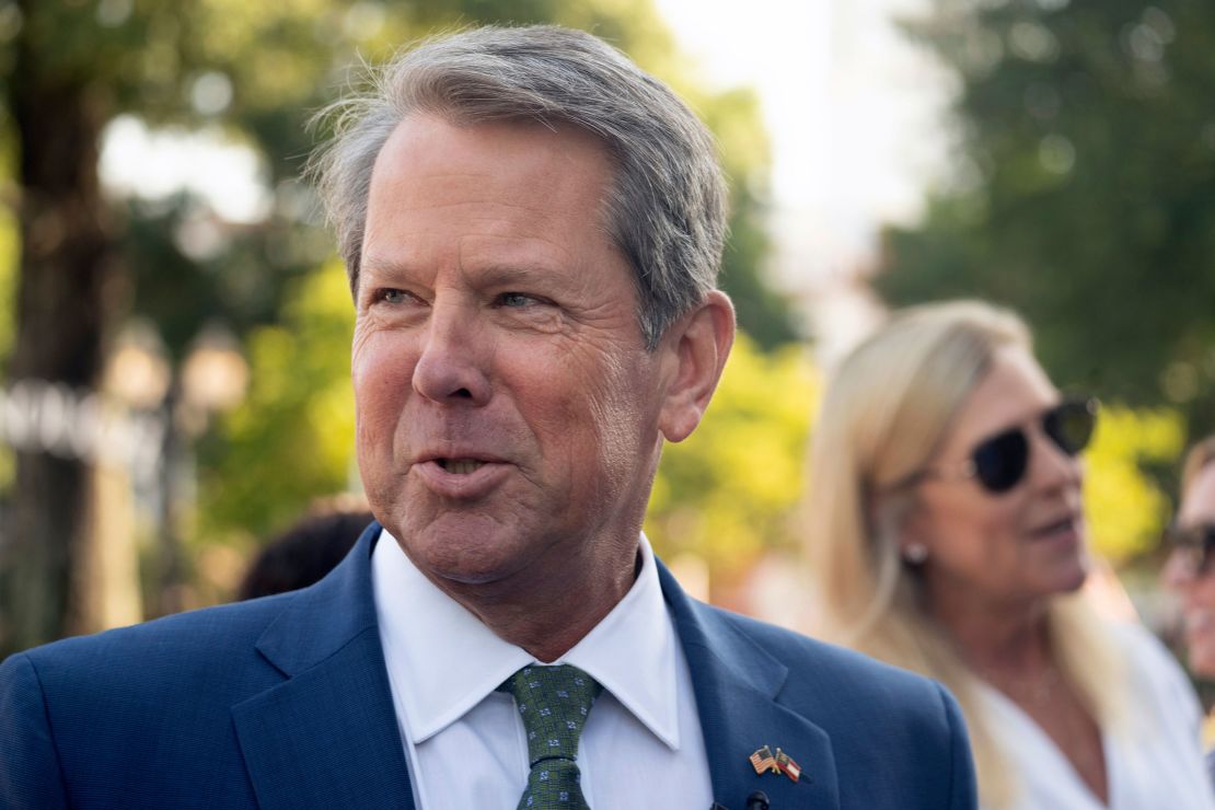 Georgia Gov. Brian Kemp, here speaking in McDonough on July 29, 2022, faces a rematch with Democrat Stacey Abrams this fall. 