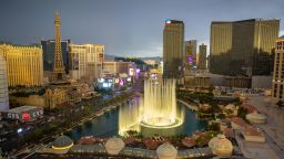 LAS VEGAS, NV - JULY 14:  The Bellagio Water Fountain Show on Las Vegas Strip is viewed from a tower at Caesars Palace Hotel & Casino on July 14, 2022 in Las Vegas, Nevada. Conventions and gamblers have once again returned in large numbers to Sin City this summer despite a surge of infections and hospitalizations due to the latest Omicron SARS-Covid BA.5 variant. (Photo by George Rose/Getty Images)