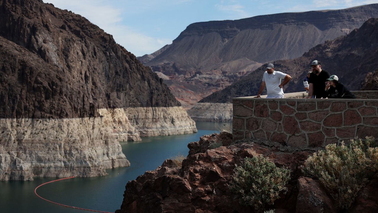 The "bathtub rings" are seen around Lake Mead, a sign of how far the water level has dropped.