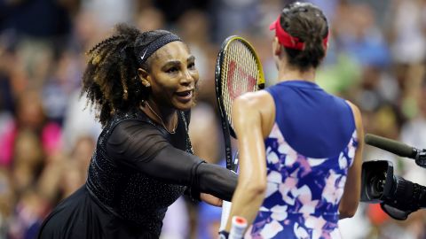 Serena Williams shakes hands with Ajla Tomljanovic after a women's singles match at the 2022 US Open, Friday, Sept.  2, 2022 in Flushing, New York. 