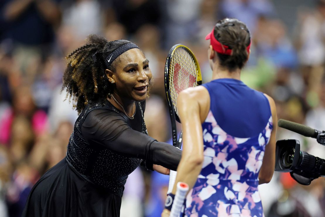 Serena Williams shakes hands with Ajla Tomljanovic after a women's singles match at the 2022 US Open, Friday, Sep. 2, 2022 in Flushing, NY. 