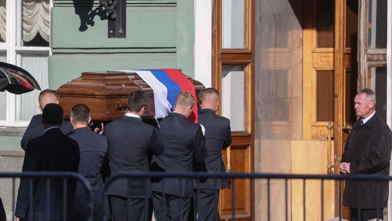 The coffin containing the body of Mikhail Gorbachev is carried in for a farewell ceremony in Moscow's Hall of Columns on Saturday.