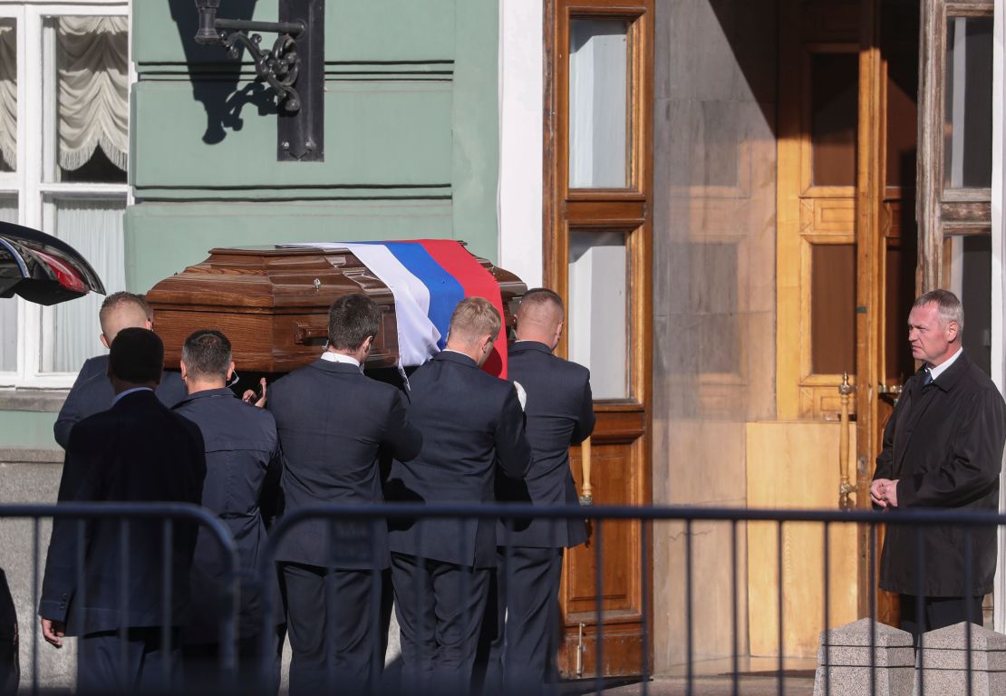 The coffin containing the body of Mikhail Gorbachev is carried in for a farewell ceremony in Moscow's Hall of Columns on Saturday.