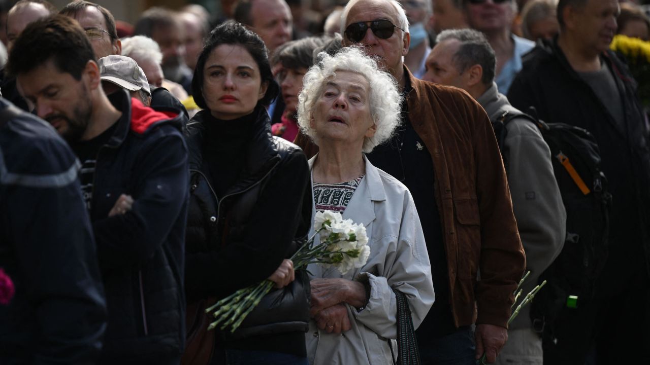 People stand in line to attend a farewell ceremony for Mikhail Gorbachev on Saturday.