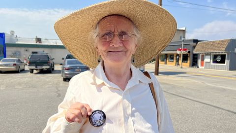 Billie Jo Klaniecki proudly shows off her library supporter button.