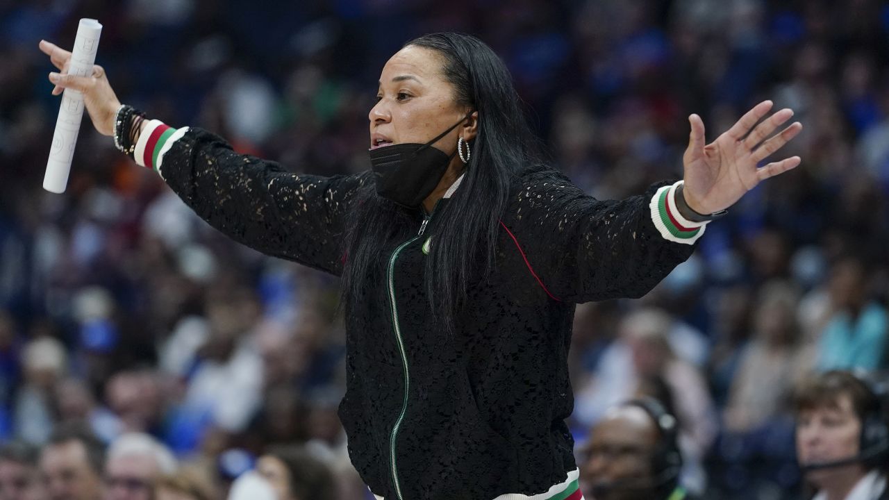 South Carolina head coach Dawn Staley watches the action in the first half of the NCAA women's college basketball Southeastern Conference tournament championship game against Kentucky in Nashville, Tennessee, on Sunday, March 6, 2022.