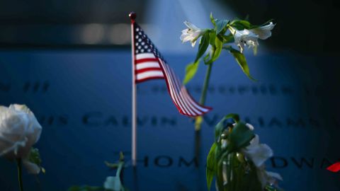 A flower adorns the apron at the 9/11 Memorial and Museum in New York City.