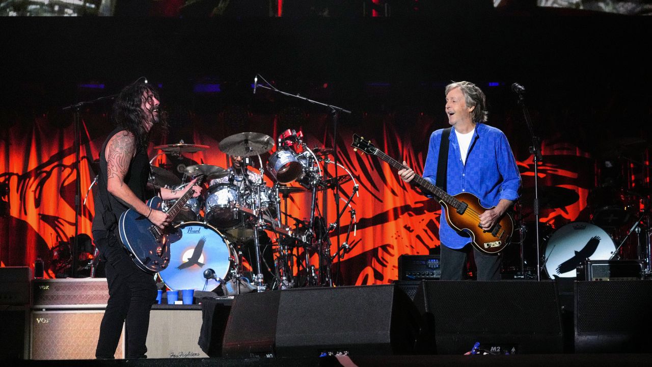 Grohl and McCartney perform at the first of two tribute concerts for Hawkins. 