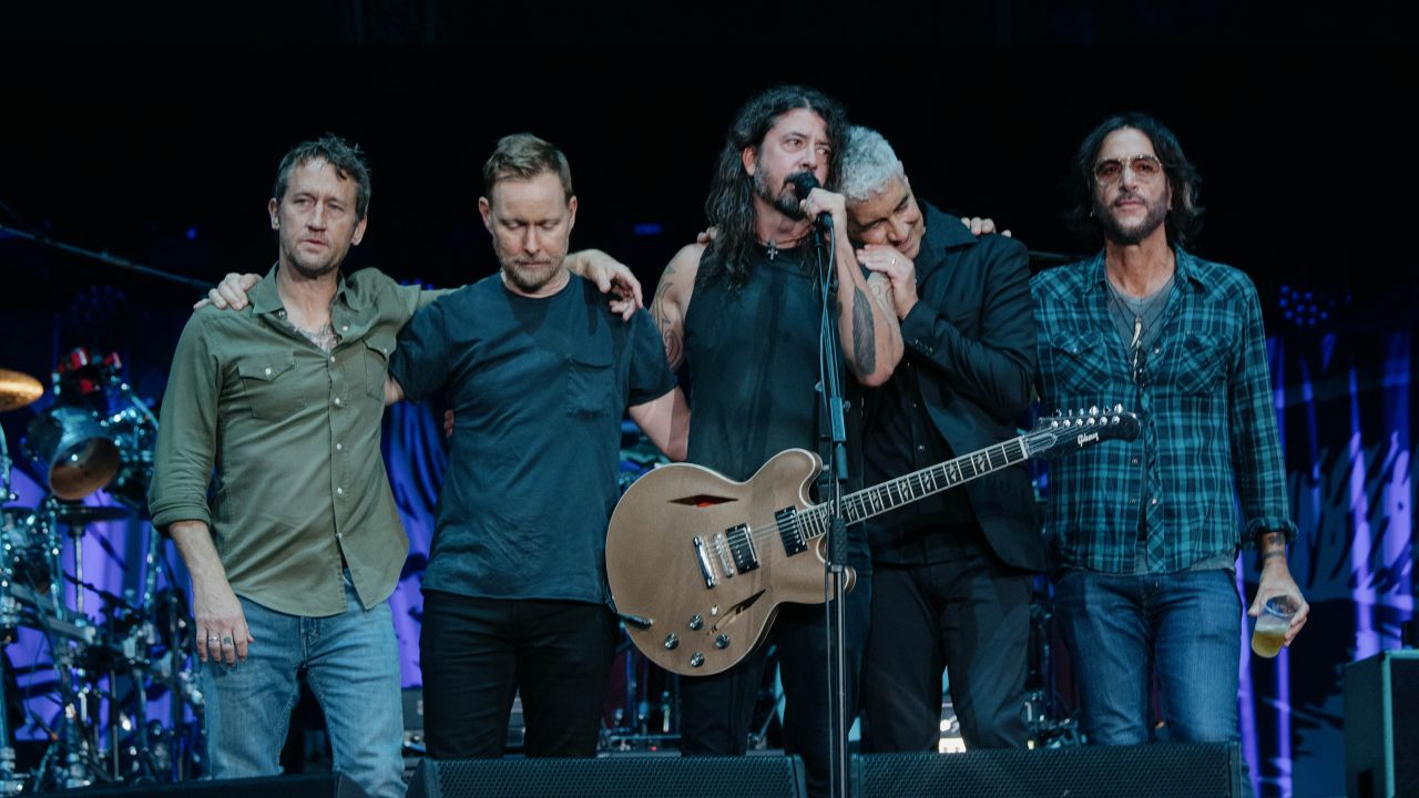 The Foo Fighters on stage at the tribute concert for drummer Taylor Hawkins at Wembley on Saturday. 