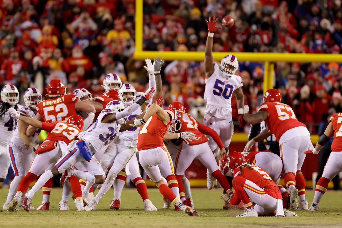 Harrison Butker kicks the game-tying field goal for the Kansas City Chiefs against the Buffalo Bills at the end of the fourth quarter to send it in to overtime in the AFC Divisional game at Arrowhead Stadium on January 23.