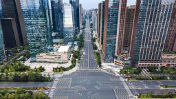 CHENGDU, CHINA - SEPTEMBER 03: Aerial view of an empty street on September 3, 2022 in Chengdu, Sichuan Province of China. Residents in Chengdu are required to stay home in an effort to curb further expansion of an ongoing COVID-19 outbreak in the city. (Photo by Wu Ke/VCG via Getty Images)