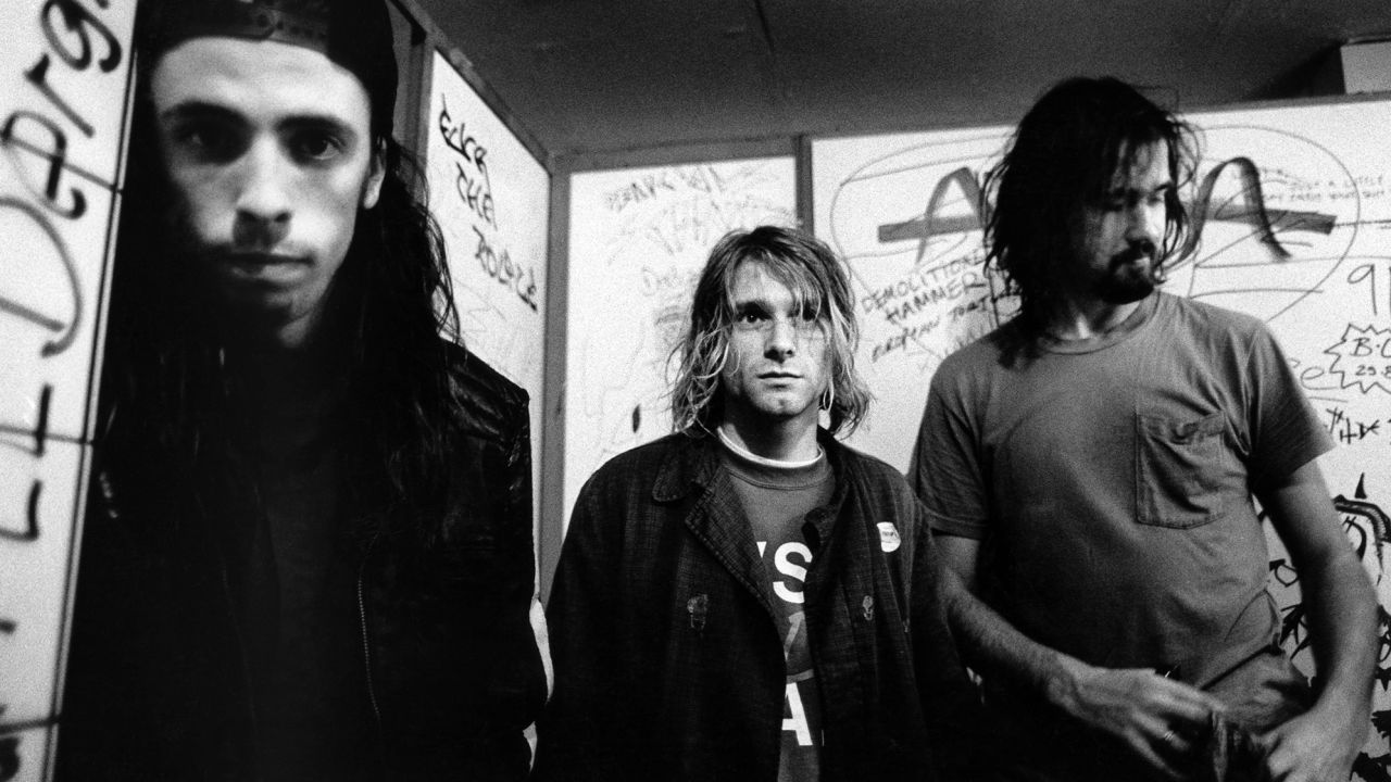 Nirvana members Dave Grohl (left), Kurt Cobain (center) and Krist Novoselic (right)