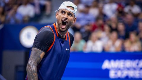 Kyrgios celebrates against Medvedev -- his fourth win against the world No. 1 in five encounters.  