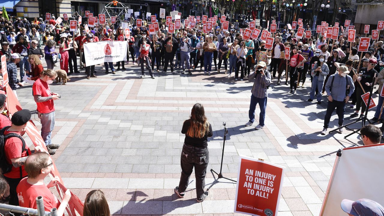 Starbucks protesters march in Seattle in April.