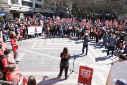 Starbucks protesters march in Seattle in April.