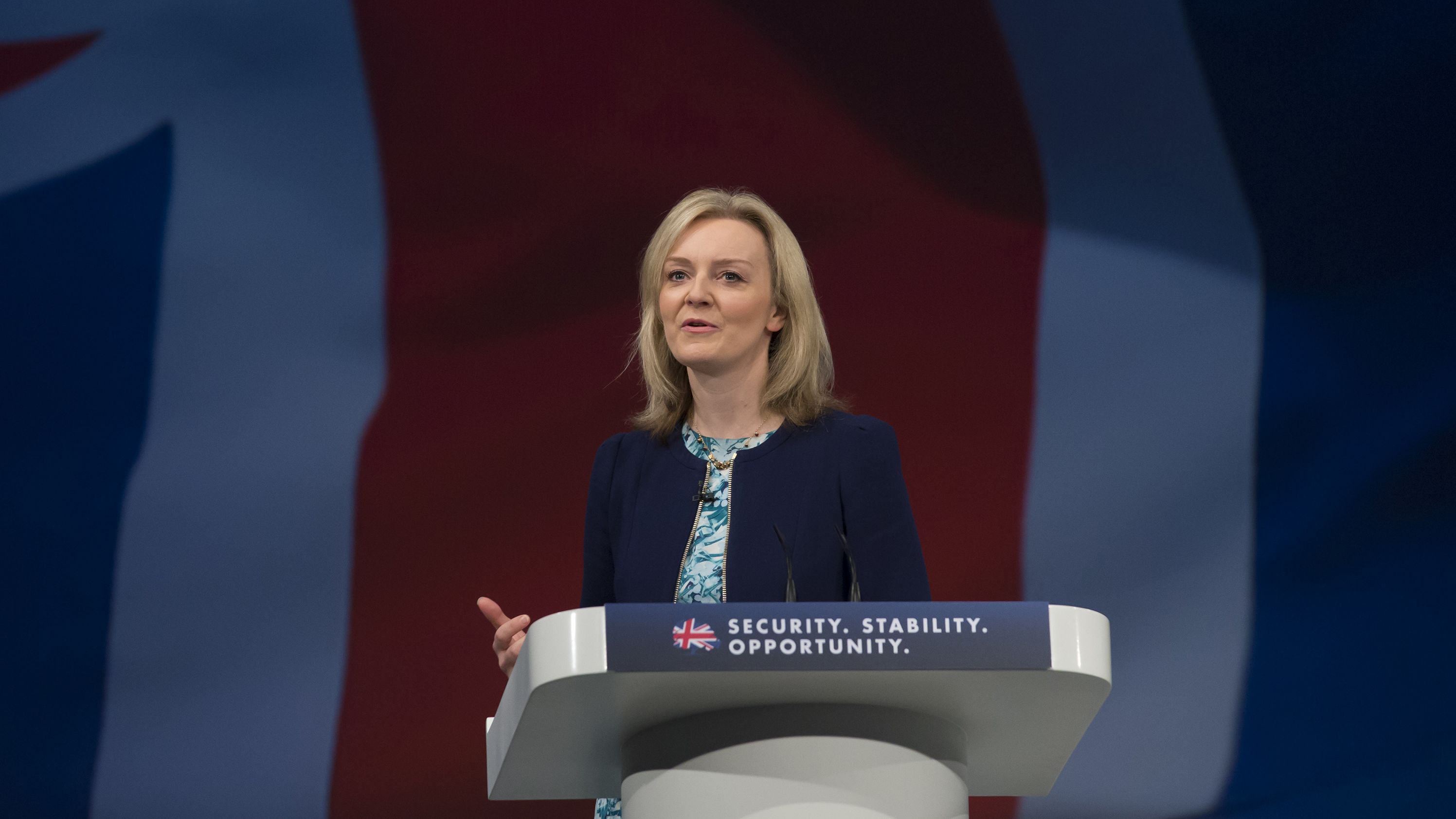 Truss speaks at the Conservative Party Conference in Manchester, England, in 2015. At the time, she was secretary of state for environment, food and rural affairs.