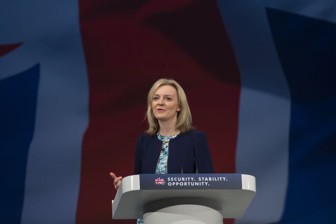 Truss speaks at the Conservative Party Conference in Manchester, England, in 2015. At the time, she was secretary of state for environment, food and rural affairs.