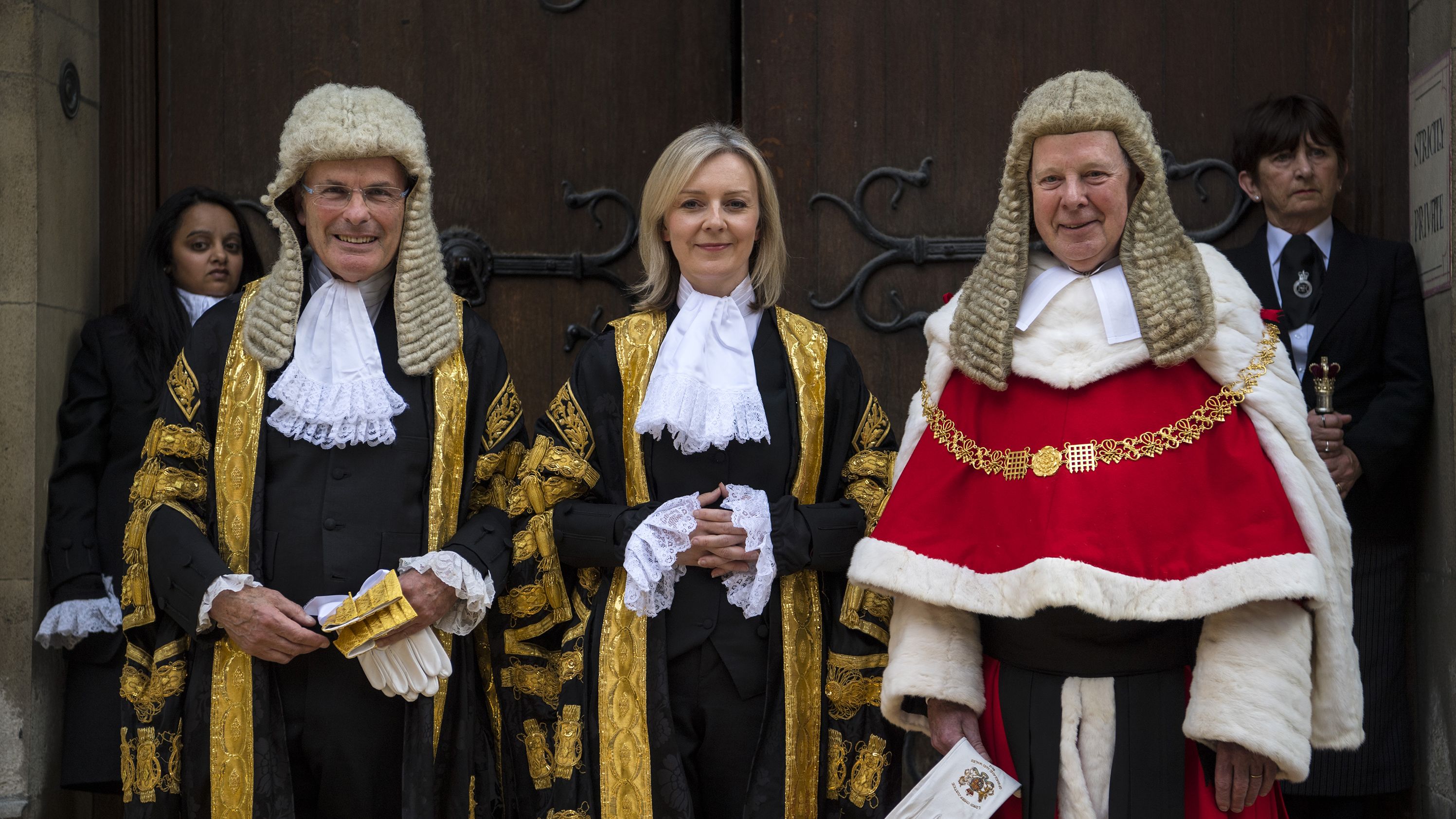 Truss stands between John Thomas, the lord chief justice of England and Wales, and John Dyson, master of the rolls at the Royal Courts of Justice, in July 2016. She had been sworn in as lord chancellor and justice secretary in Theresa May's new government.