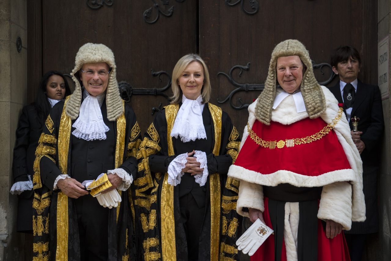 Truss stands between John Thomas, the lord chief justice of England and Wales, and John Dyson, master of the rolls at the Royal Courts of Justice, in July 2016. She had been sworn in as lord chancellor and justice secretary in Theresa May's new government.