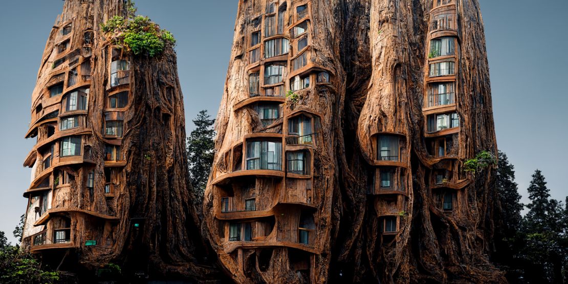 Bhatia also asked the AI software to imagine residential towers built into trees, which continue growing over time. 