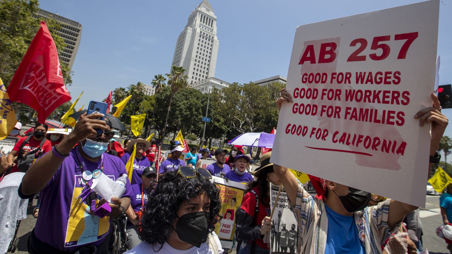 Fast-food workers marched in support of the legislation Los Angeles in June.