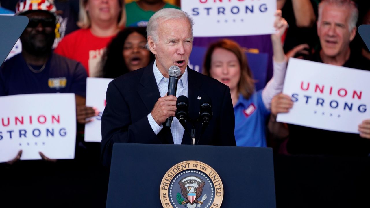 President Joe Biden speaks during an event at Henry Maier Festival Park in Milwaukee, Monday, Sept. 5, 2022. Biden is in Wisconsin this Labor Day to kick off a nine-week sprint to the crucial midterm elections. ((AP Photo/Morry Gash)