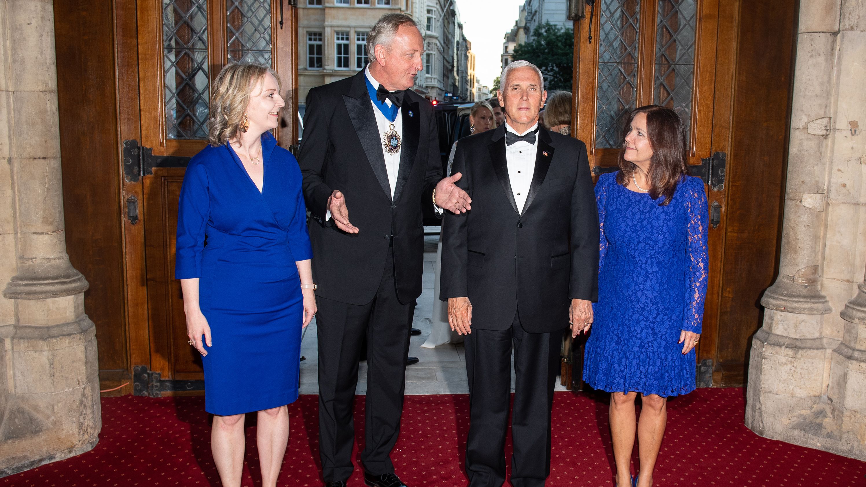 Truss and London Mayor Peter Estlin join US Vice President Mike Pence and his wife, Karen, at an international trade dinner in London in 2019.