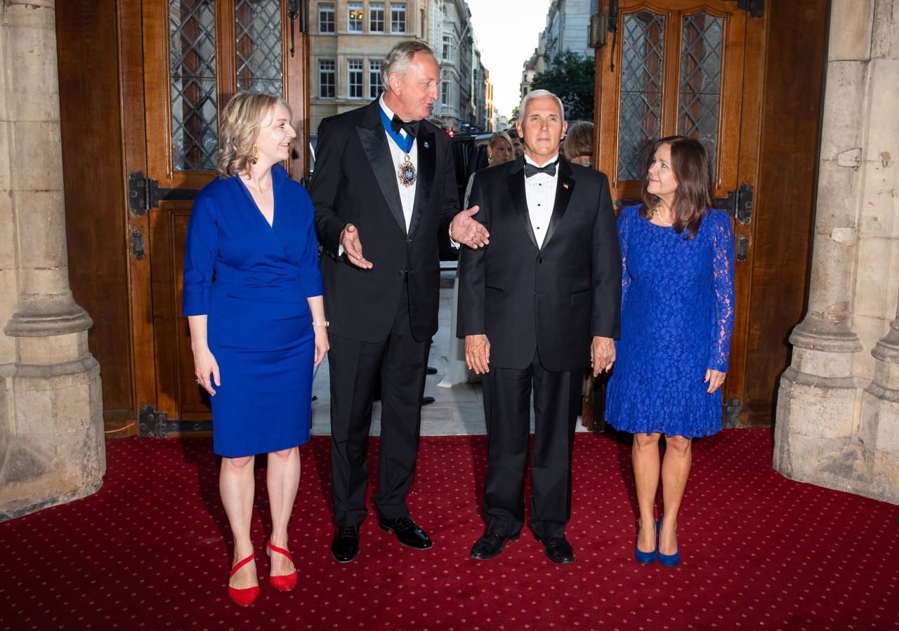 Truss and London Mayor Peter Estlin join US Vice President Mike Pence and his wife, Karen, at an international trade dinner in London in 2019.