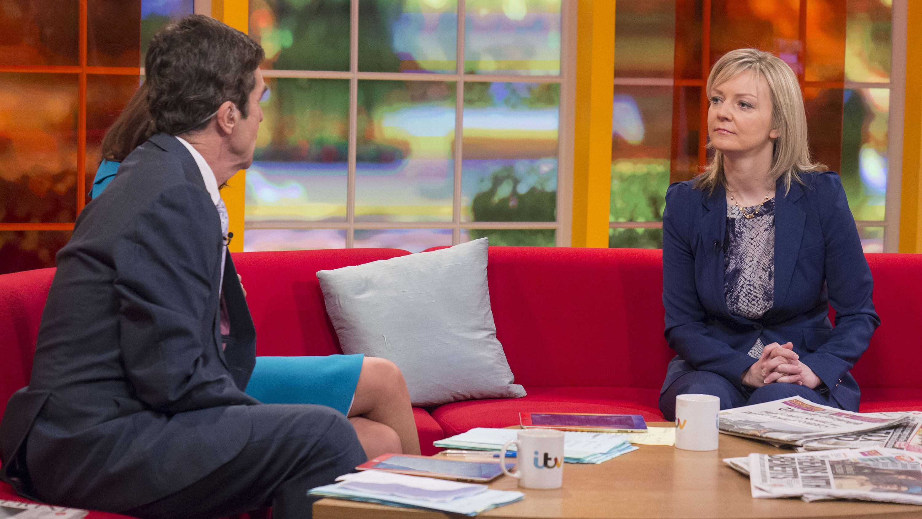 Truss appears with John Stapleton on the "Daybreak" television program in February 2014. Truss says she joined the Conservatives in 1996, just two years after she gave a speech at a Liberal Democrat conference calling for the end of the monarchy.