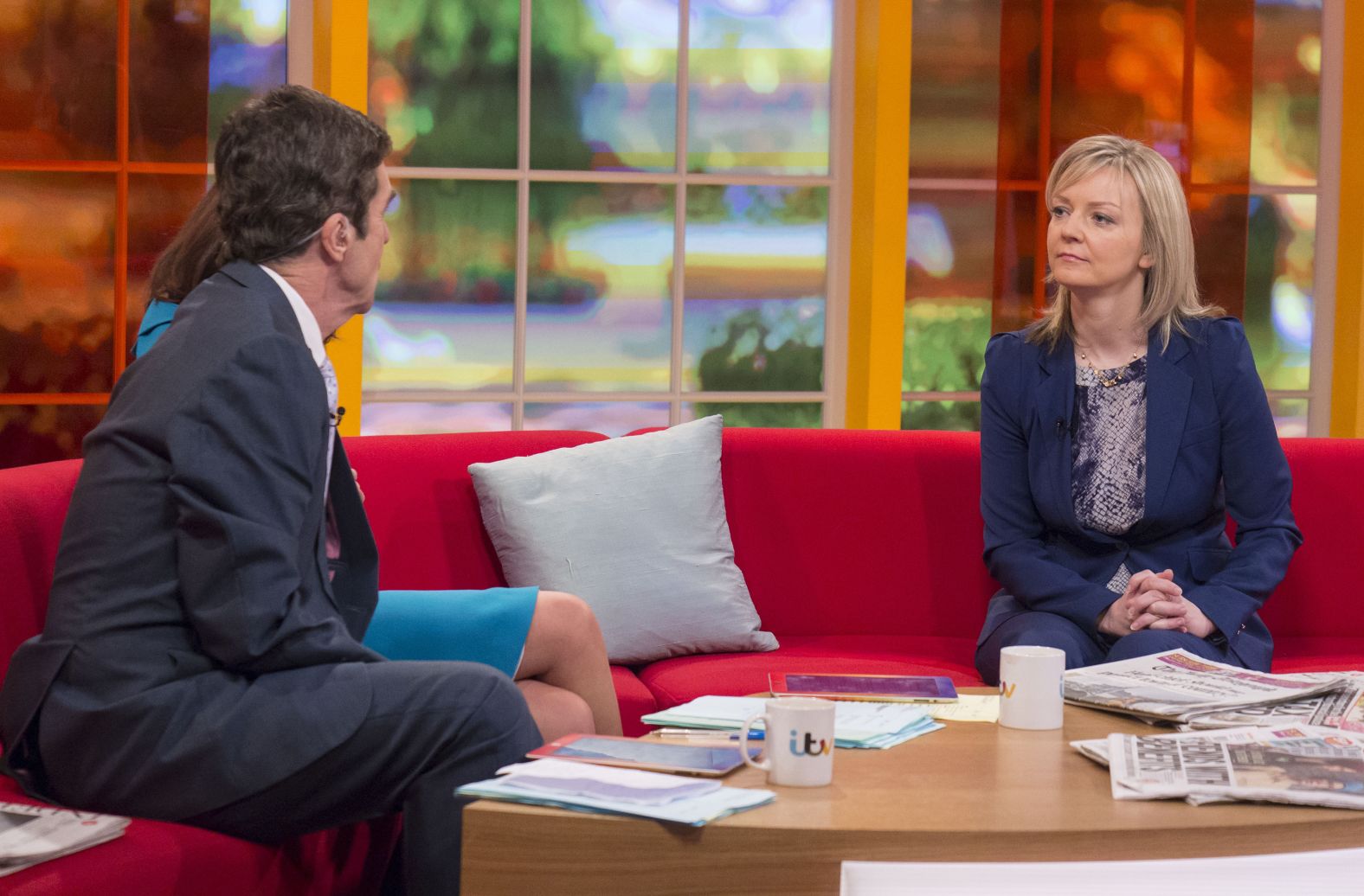 Truss appears with John Stapleton on the "Daybreak" television program in February 2014. Truss says she joined the Conservatives in 1996, just two years after she gave a speech at a Liberal Democrat conference calling for the end of the monarchy.
