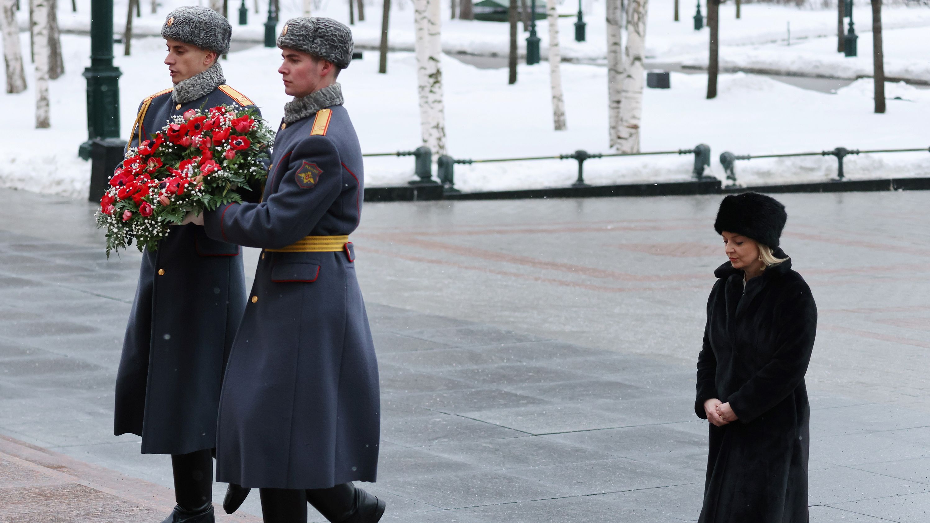 Truss takes part in a wreath-laying ceremony at the Tomb of the Unknown Soldier in Moscow in February 2022.