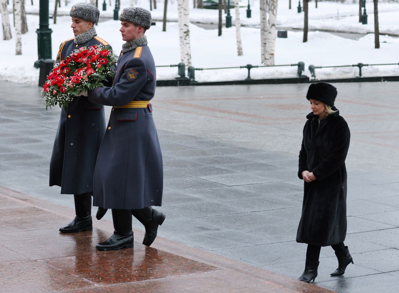 Truss takes part in a wreath-laying ceremony at the Tomb of the Unknown Soldier in Moscow in February 2022.