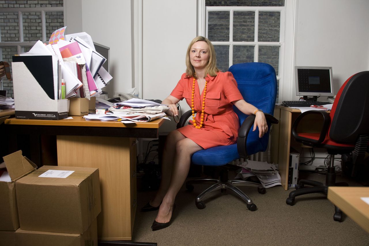 Truss is photographed in her London office while she was deputy director of Reform, a policy think tank, in 2009.