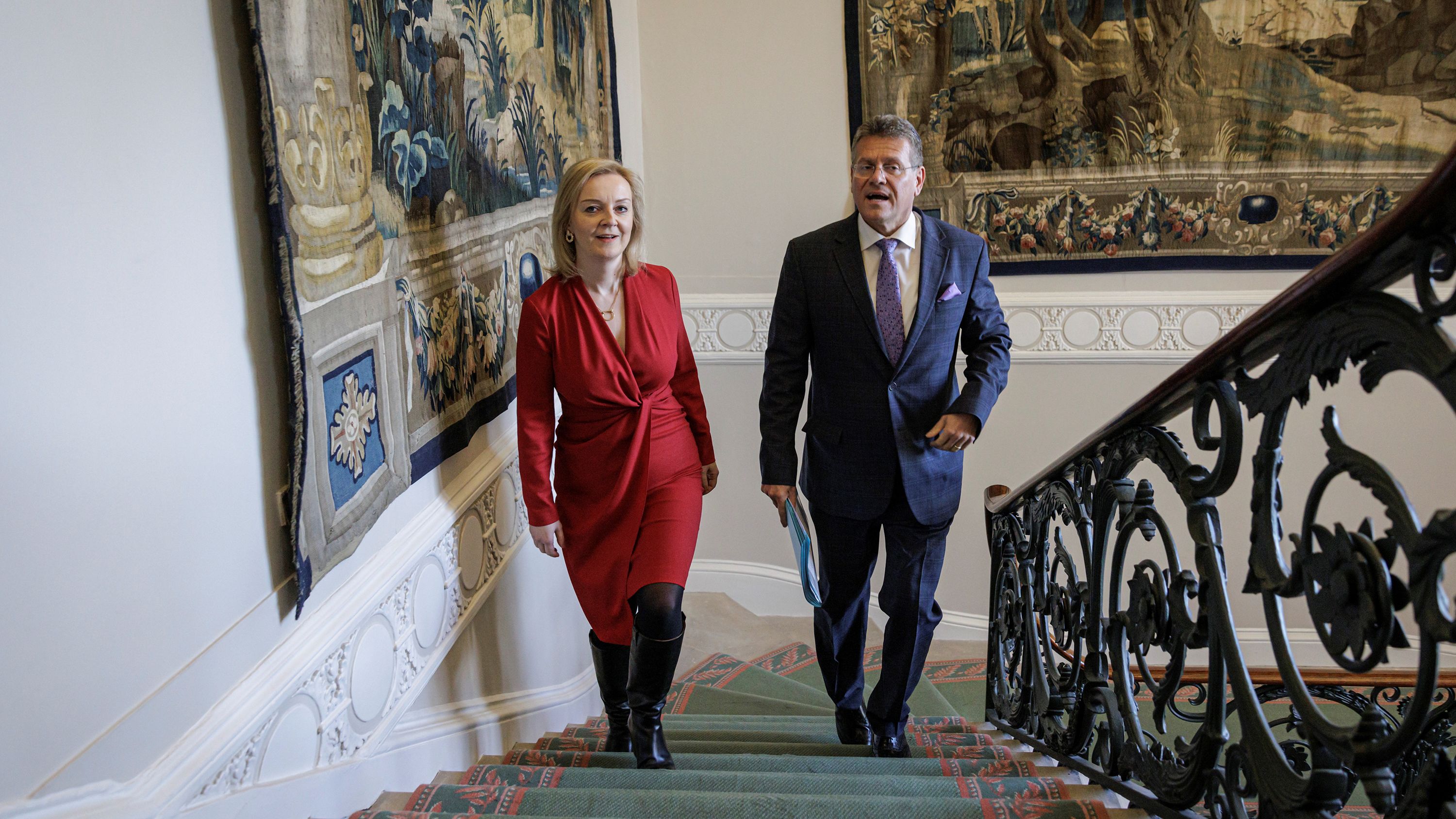 Sefcovic and Truss meet in London in February 2022. Truss supported remaining in the European Union in the UK's referendum in 2016. At the time, Truss tweeted that she was backing those who wanted to remain in the bloc because "it is in Britain's economic interest and means we can focus on vital economic and social reform at home." Truss now backs Brexit, saying that her fears before the referendum that it could cause "disruption" were mistaken.