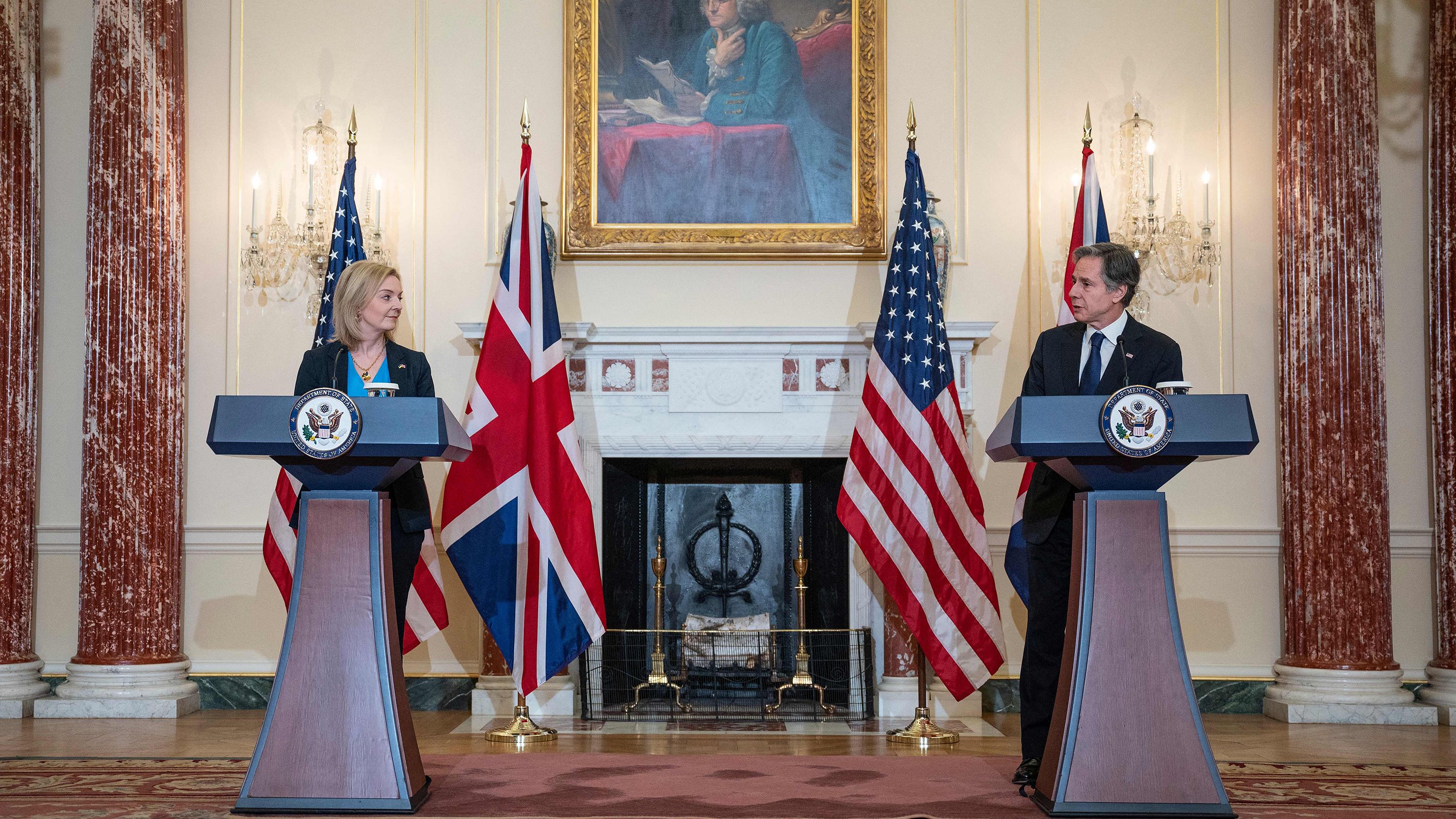 Truss and US Secretary of State Antony Blinken hold a joint news conference in Washington, DC, in March 2022.