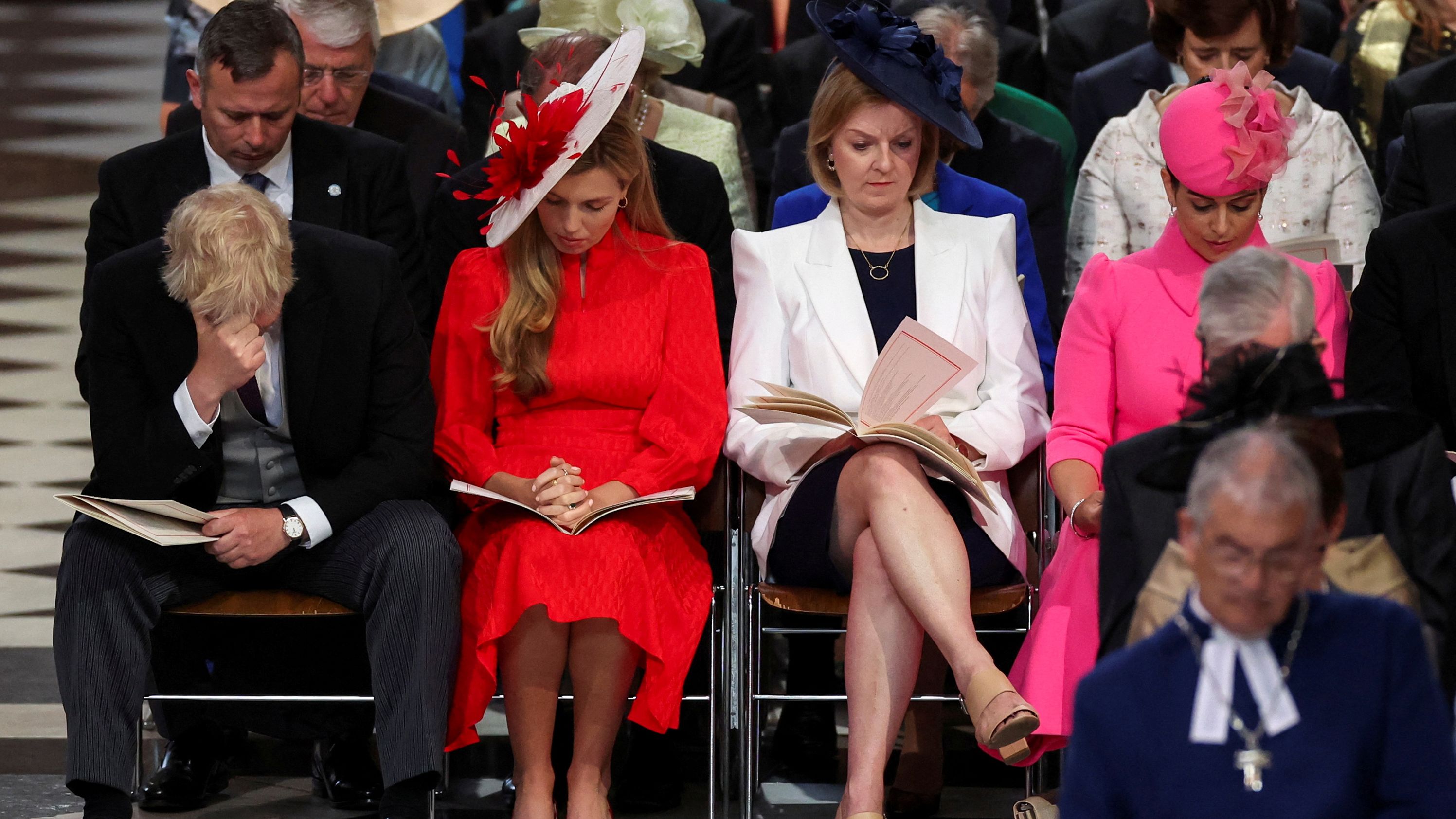 Truss and Home Secretary Priti Patel, right, sit with British Prime Minister Boris Johnson and his wife, Carrie, during the National Service of Thanksgiving in June 2022. It was part of celebrations marking the Queen's Platinum Jubilee.