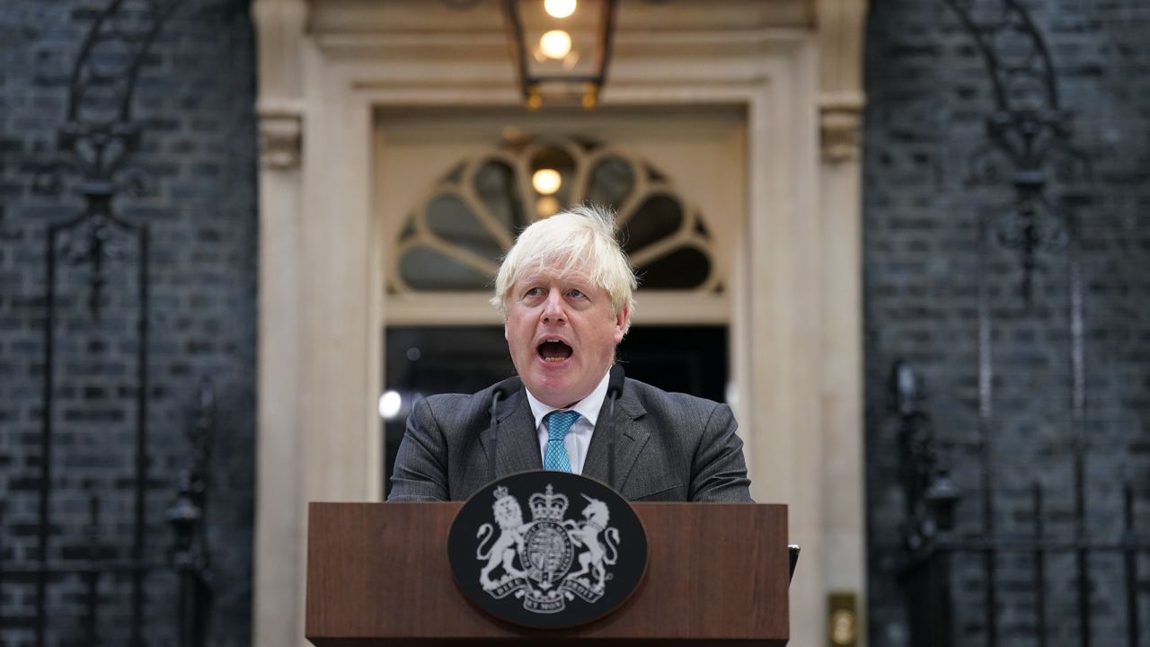 Prime Minister Boris Johnson makes a speech outside 10 Downing Street, London on his last day in office.